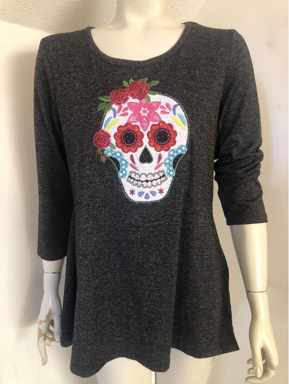 Clover Pine Womens Medium Knit Top 3/4 Sleeves Day of the Dead Skull Flowers